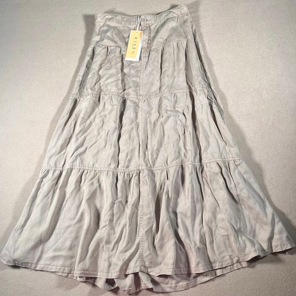 NWT! Women's Risen Jeans Tan Long Peasant Ruffle Tiered Skirt Size L 100% Tencel